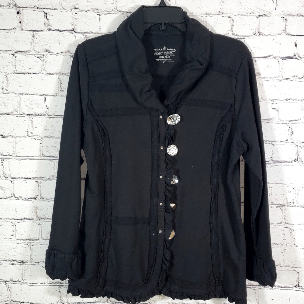 Neon Buddha Black Front Jewel Button Up Jacket Coat Size PXL Raw Seam Ruffle Cuf